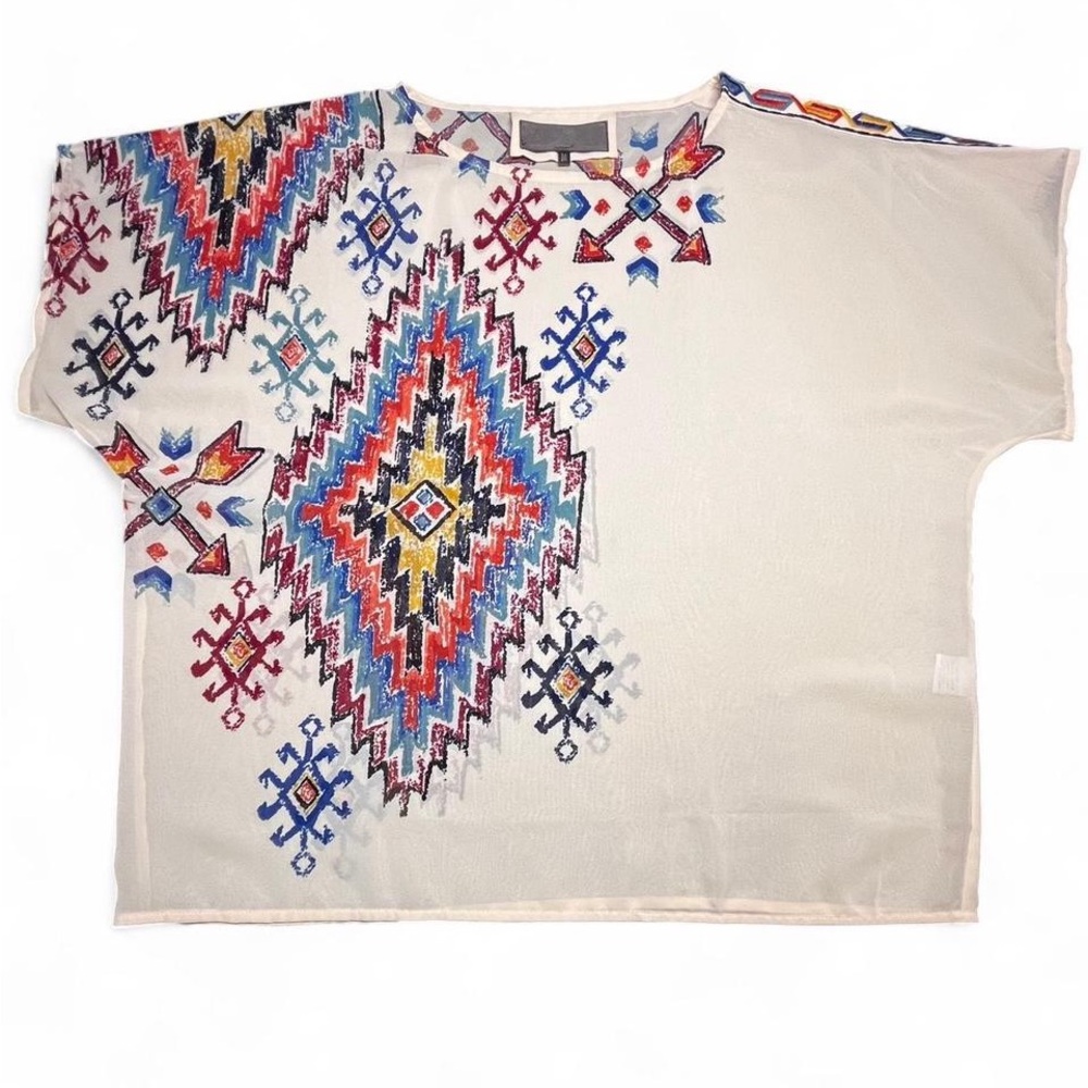 Doube D Ranch Aztec Print Sheer Oversized Blouse, M